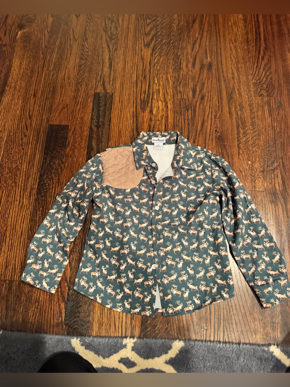 Blue Quail Teal Horse-Print Button-Up Shirt with Tan Quilted Shoulder Patch
